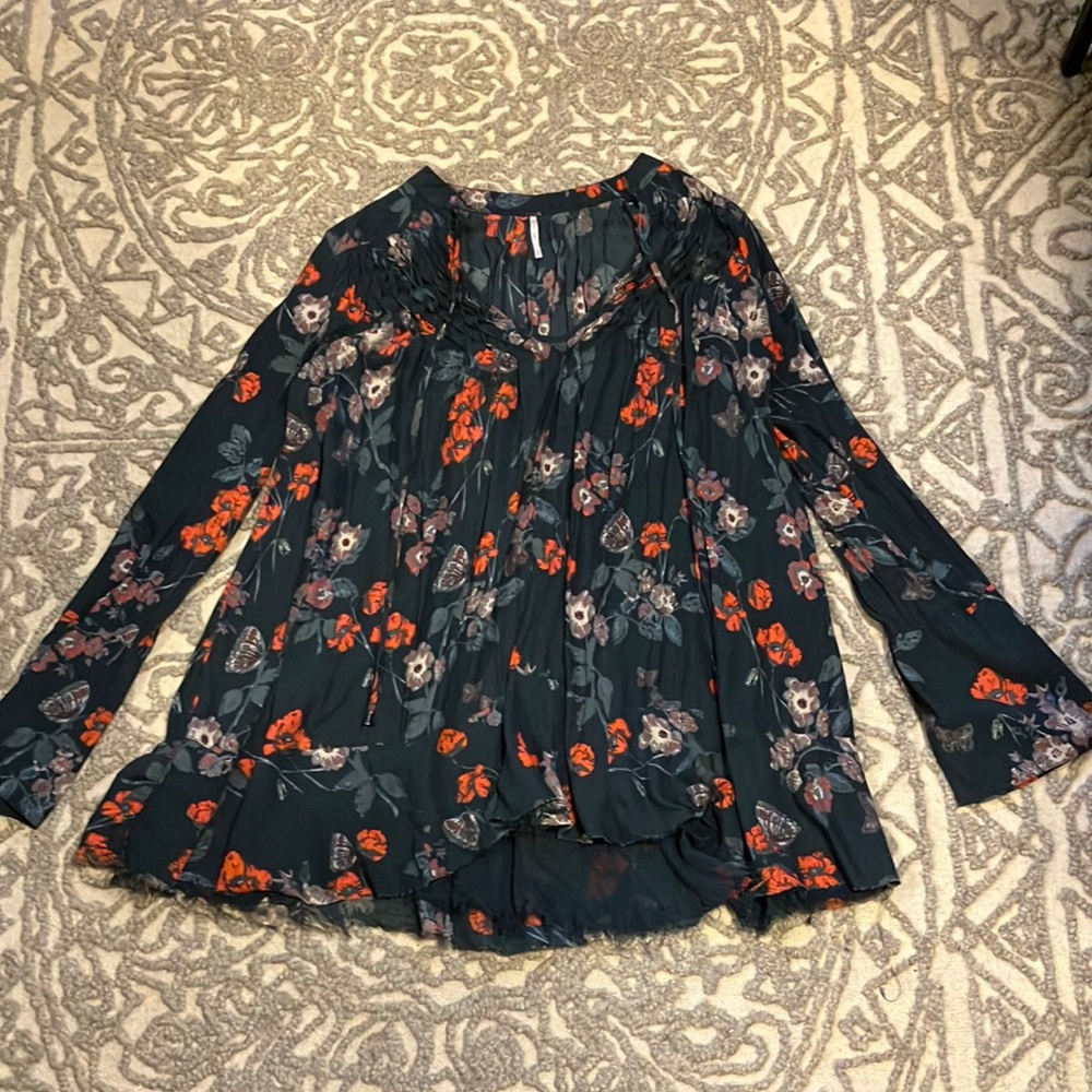 Free People Navy Red Floral Long Sleeved Blouse
